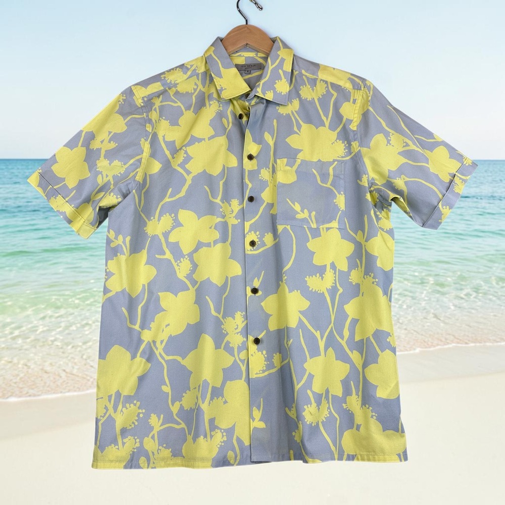 Ted Baker Resort Shirt Mens XL (5) Grey Yellow Floral Short Sleeve Cotton Casual